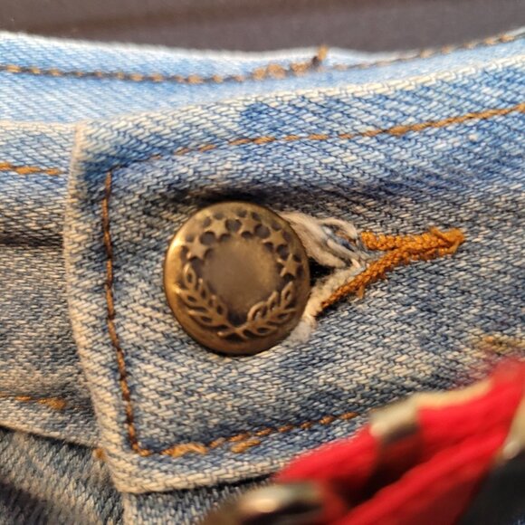 Vintage Denim Skirt Long Below Knee Red Belt Trend Basics Small Cotton - Picture 4 of 10